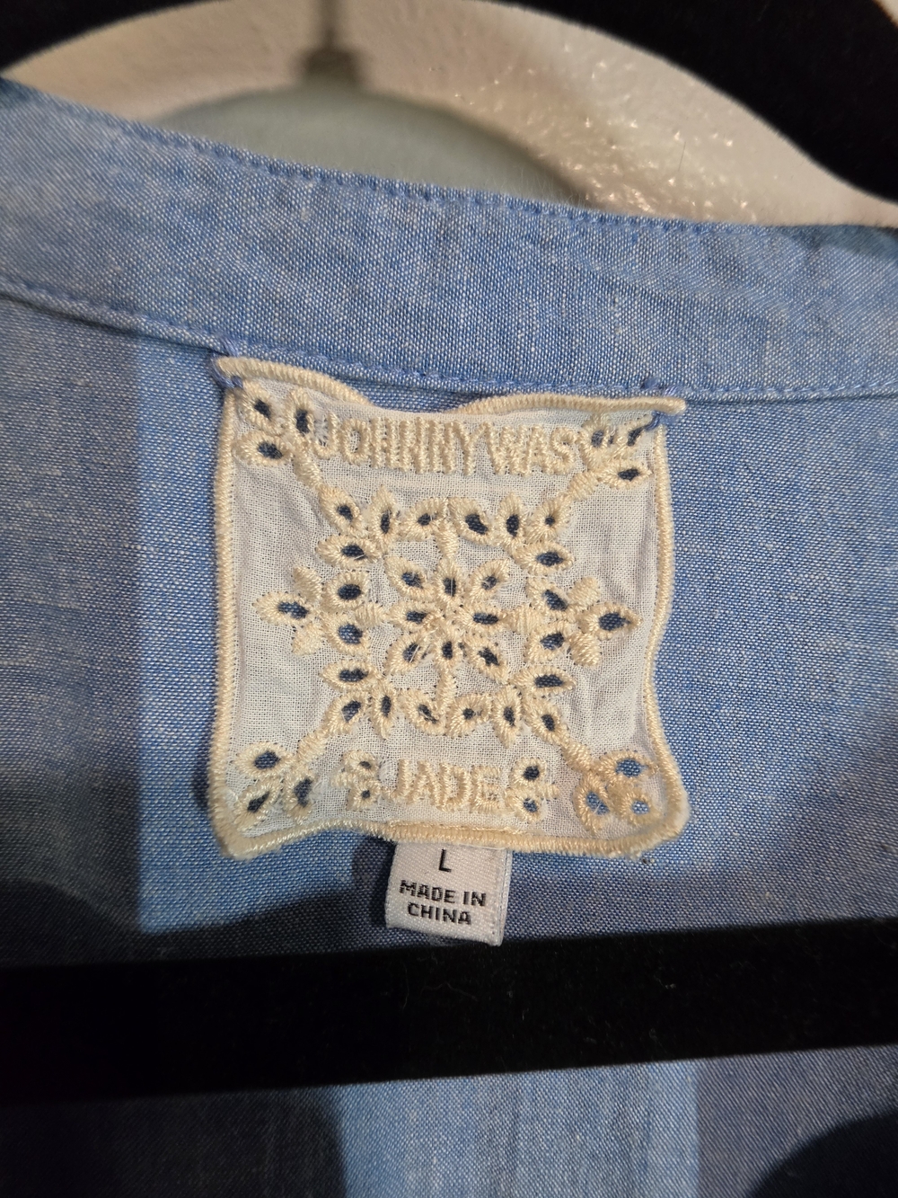 Johnny Was Jade Laguna Pieced Chambray Lace Tiered Mini Dress Large - Picture 5 of 6
